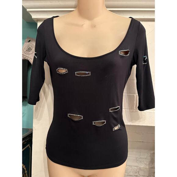 VINTAGE BLUMARINE ITALY STRETCHY TOP W/ RHINESTONE CUTOUTS S - Picture 4 of 11